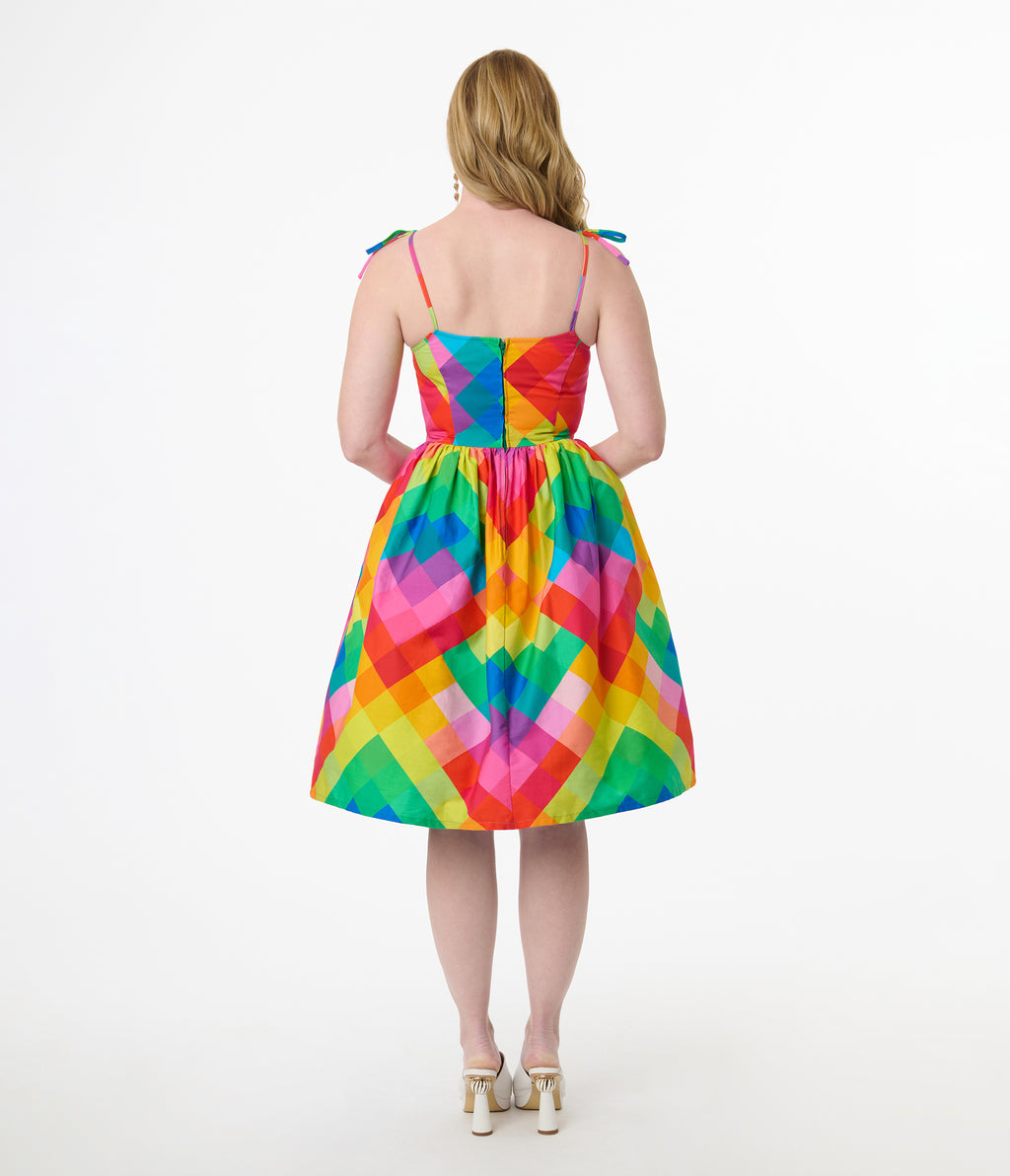 Unique Vintage 1950s Rainbow Chevron Cotton Bobbie Swing Dress