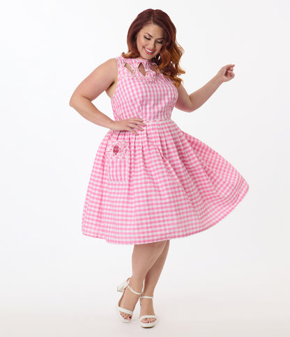 Unique Vintage Plus Size Pink Gingham Picnic Weave Swing Dress