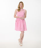 Unique Vintage Pink Gingham Picnic Weave Swing Dress