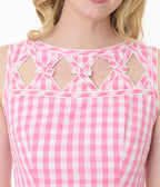 Unique Vintage Pink Gingham Picnic Weave Swing Dress