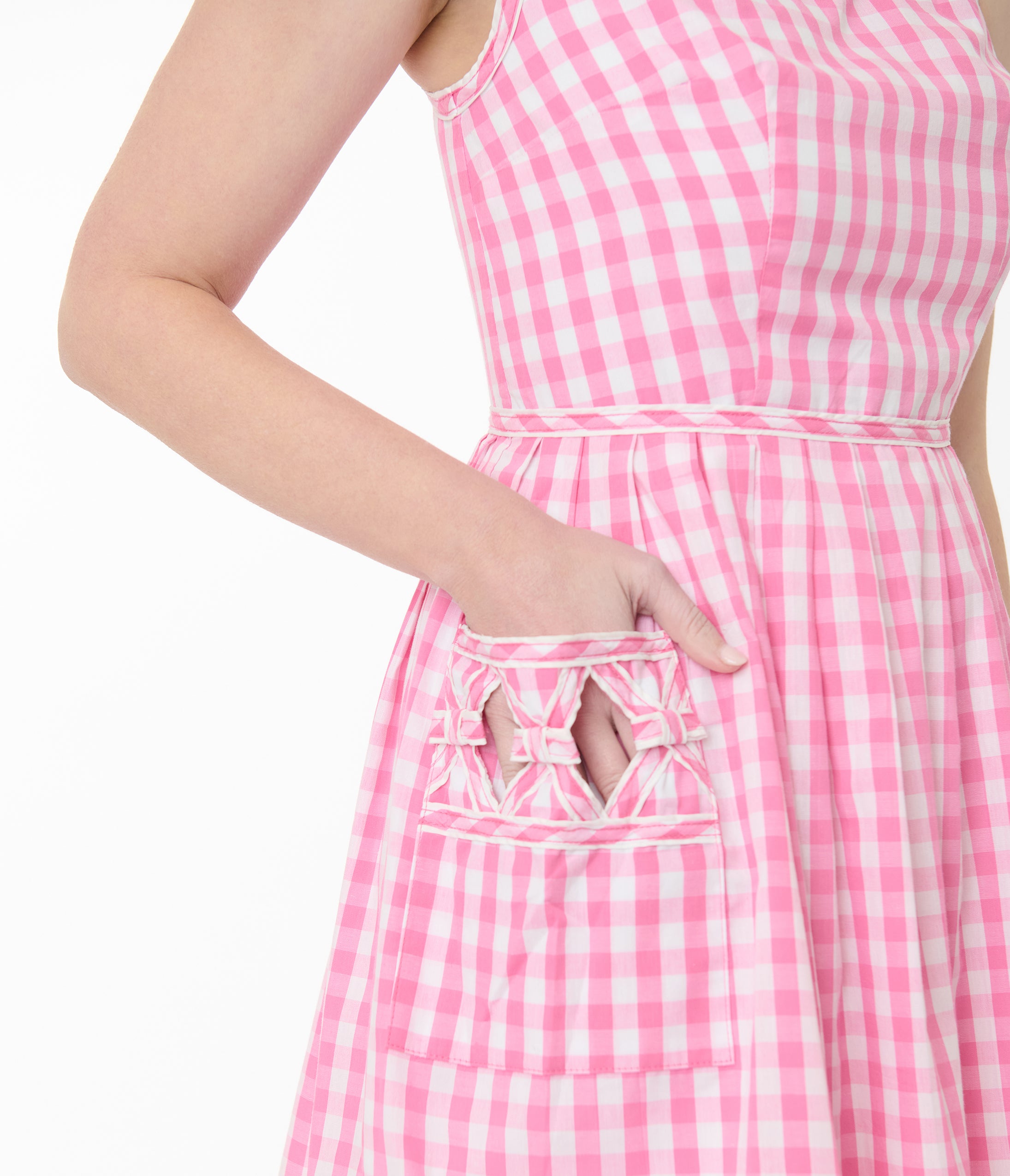 Unique Vintage Pink Gingham Picnic Weave Swing Dress