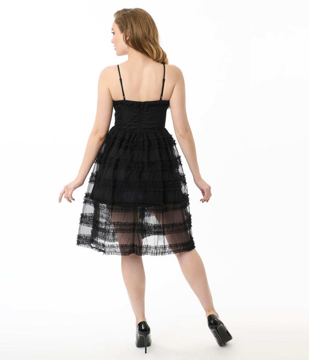 Unique Vintage Black Tiered Sheer Midi Dress
