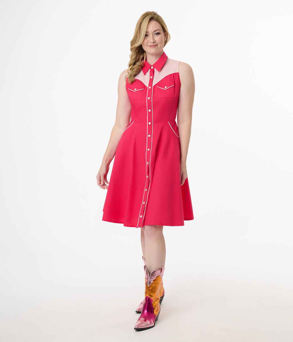 Unique Vintage 1950s Pink Western Cotton Flare Dress