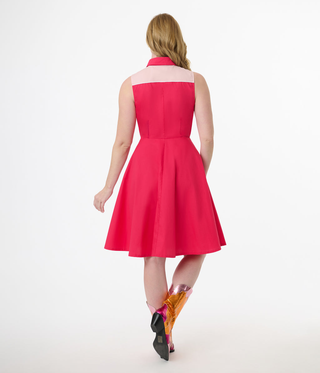 Unique Vintage 1950s Pink Western Cotton Flare Dress
