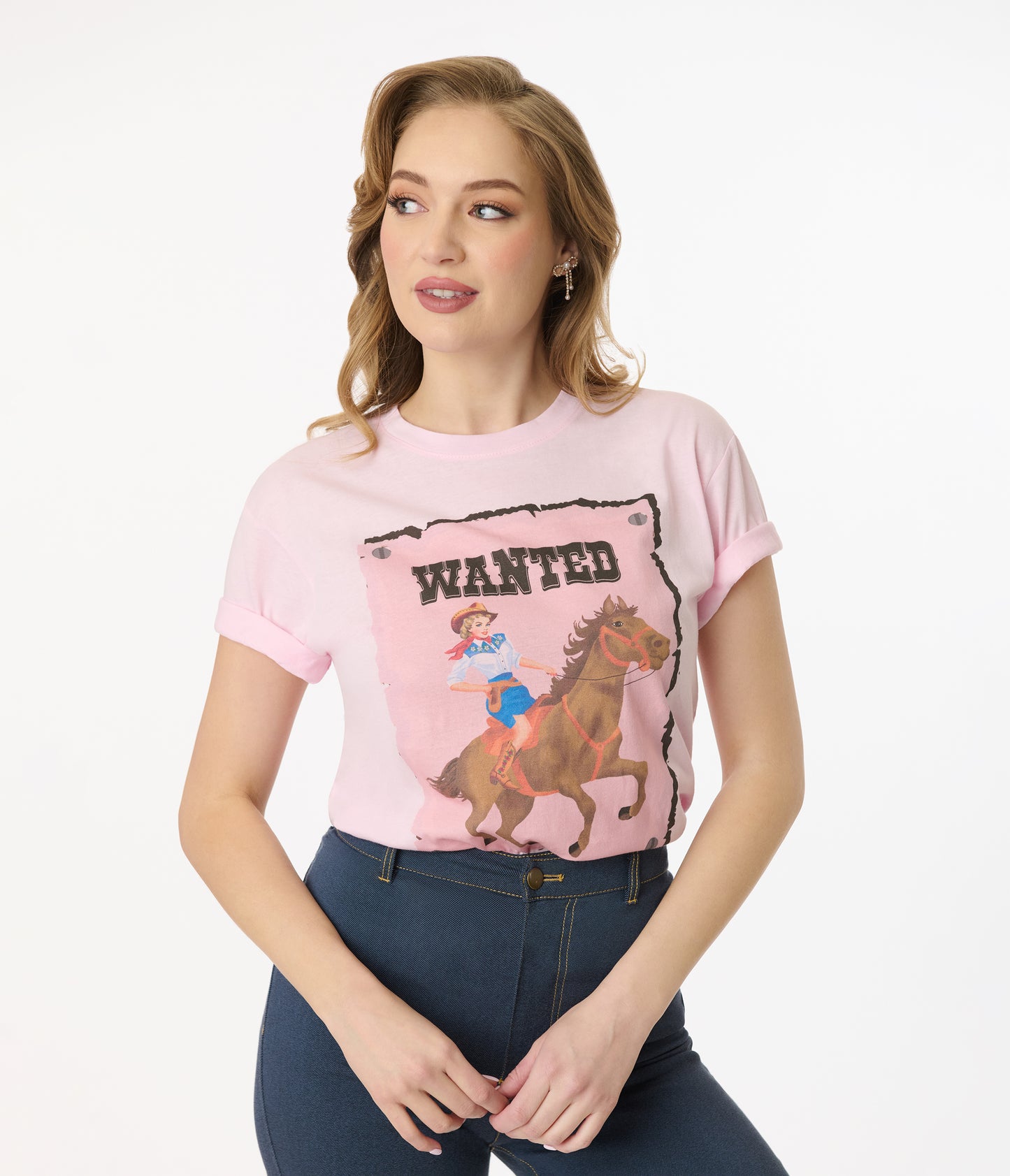 Unique Vintage 1960s Light Pink Wanted Cowgirl Unisex Graphic Tee