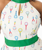 Smak Parlour Plus Size White Tennis Racket Print Cotton Make Me Over Flare Dress