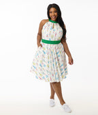 Smak Parlour Plus Size White Tennis Racket Print Cotton Make Me Over Flare Dress