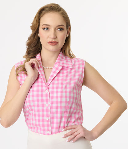 Unique Vintage Pink & White Gingham Notched Collar Cotton Blouse