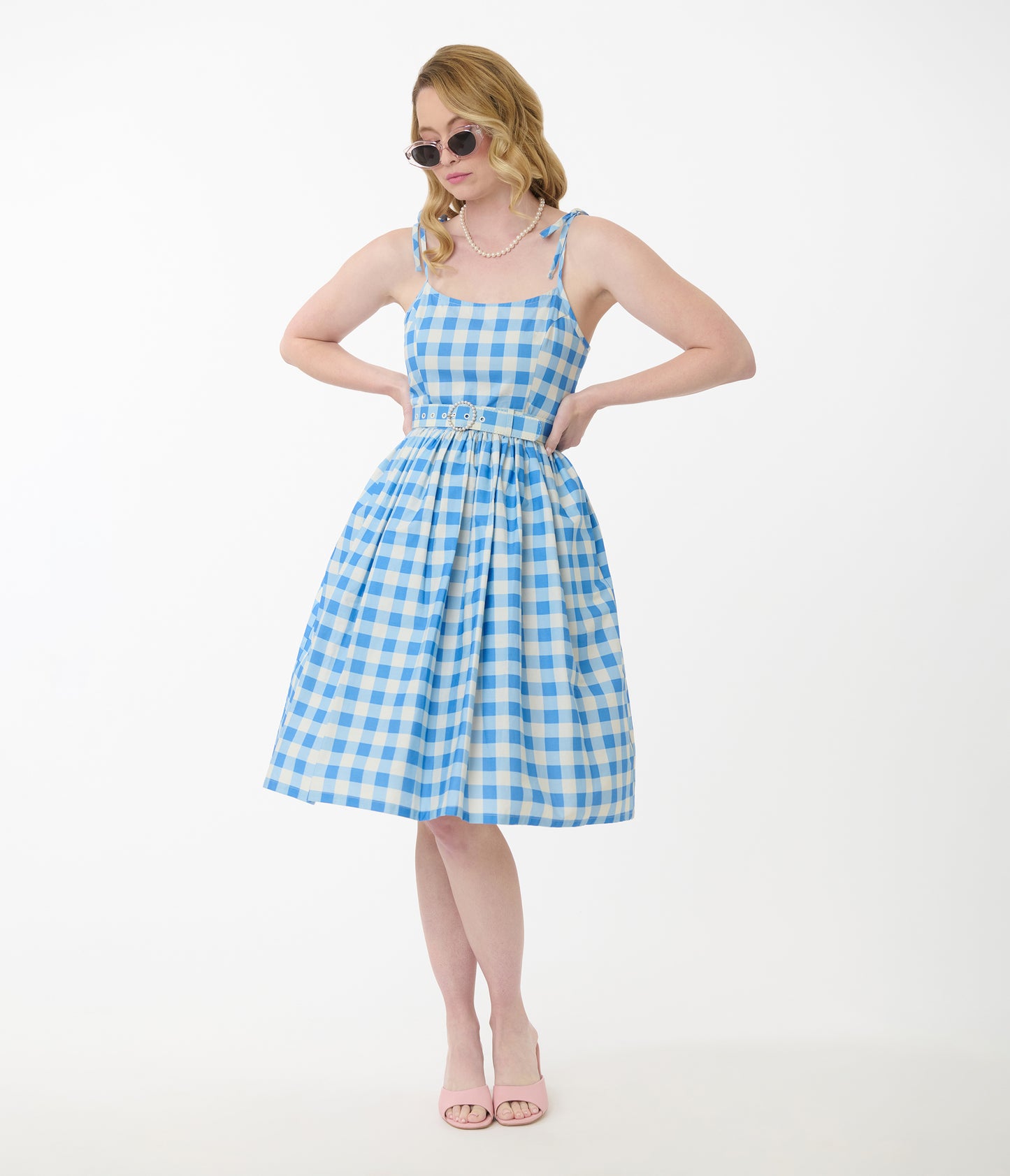 Unique Vintage Blue & White Gingham Bobbie Swing Dress