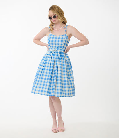 Unique Vintage Blue & White Gingham Bobbie Swing Dress