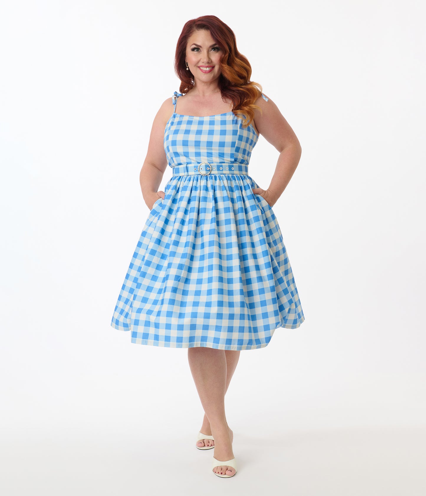 Unique Vintage Plus Size Blue & White Gingham Bobbie Swing Dress