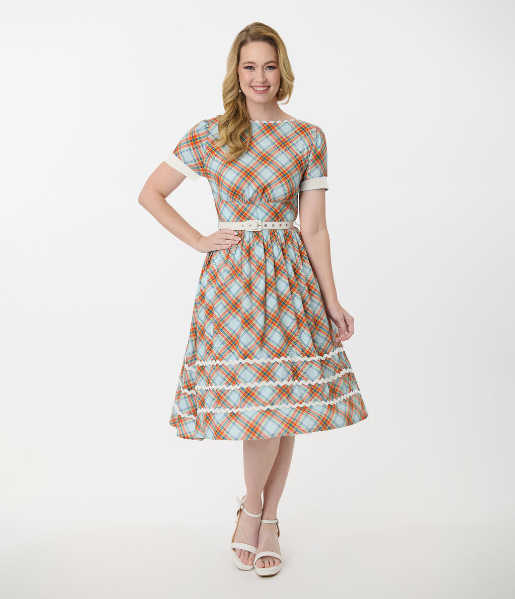 Unique Vintage Rainbow Plaid Swing Dress