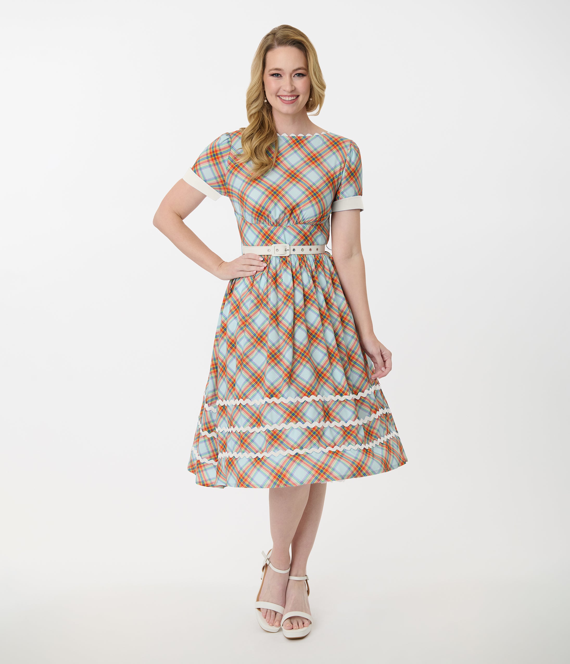 Unique Vintage Rainbow Plaid Swing Dress
