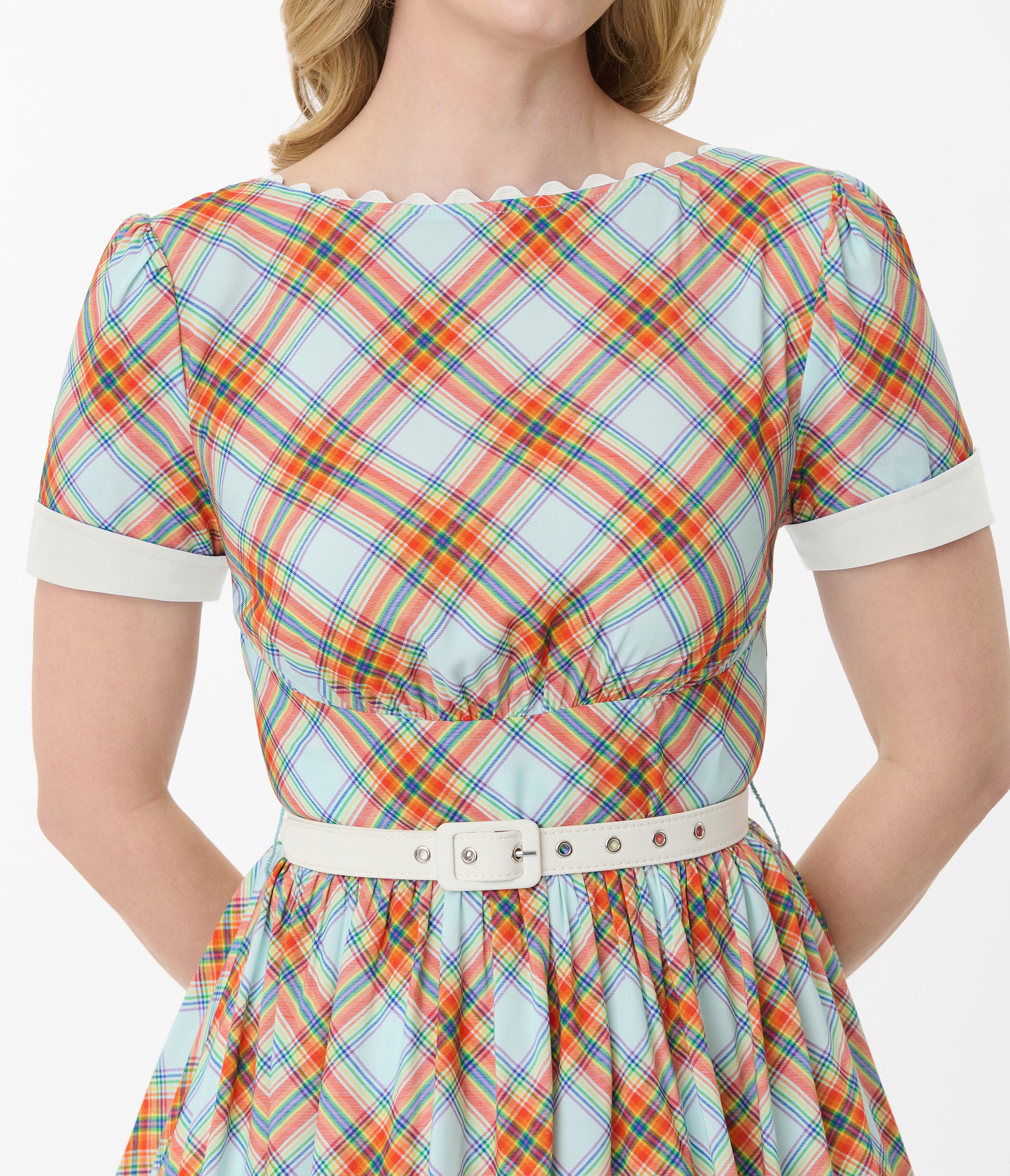 Unique Vintage Rainbow Plaid Swing Dress
