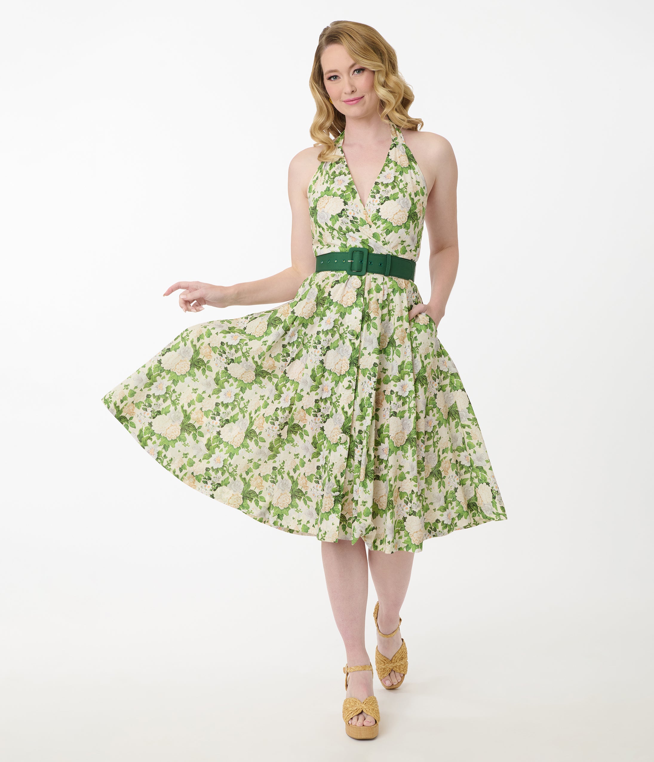 Unique Vintage White & Green Floral Tarrytown Hostess Dress