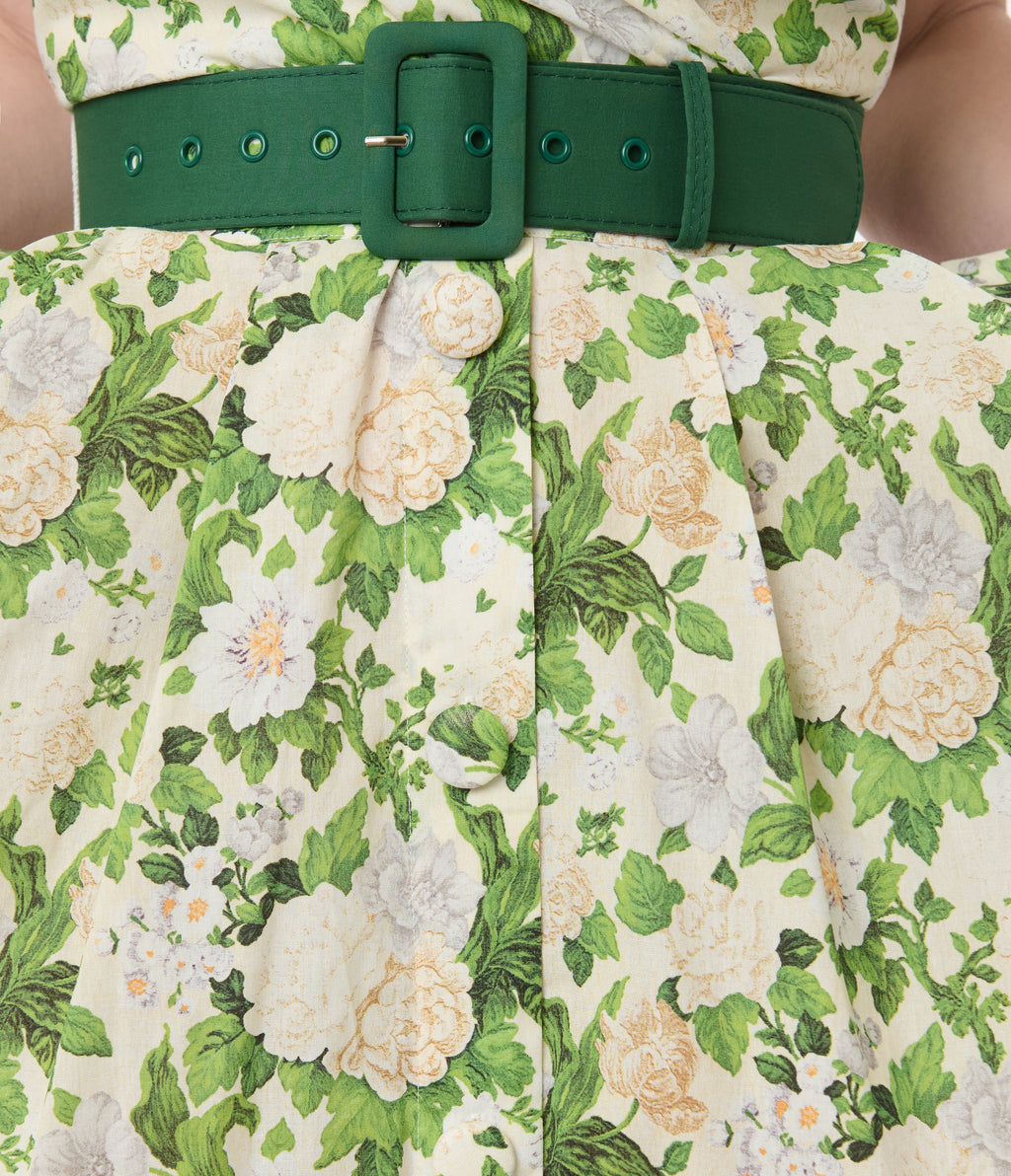 Unique Vintage White & Green Floral Tarrytown Hostess Dress