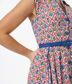 Unique Vintage Blue Diamond Floral Shirt Swing Dress