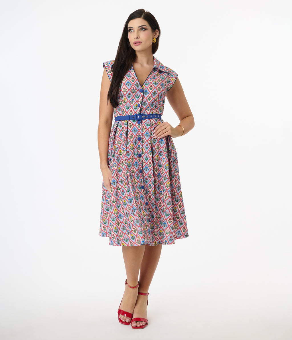 Unique Vintage Blue Diamond Floral Shirt Swing Dress