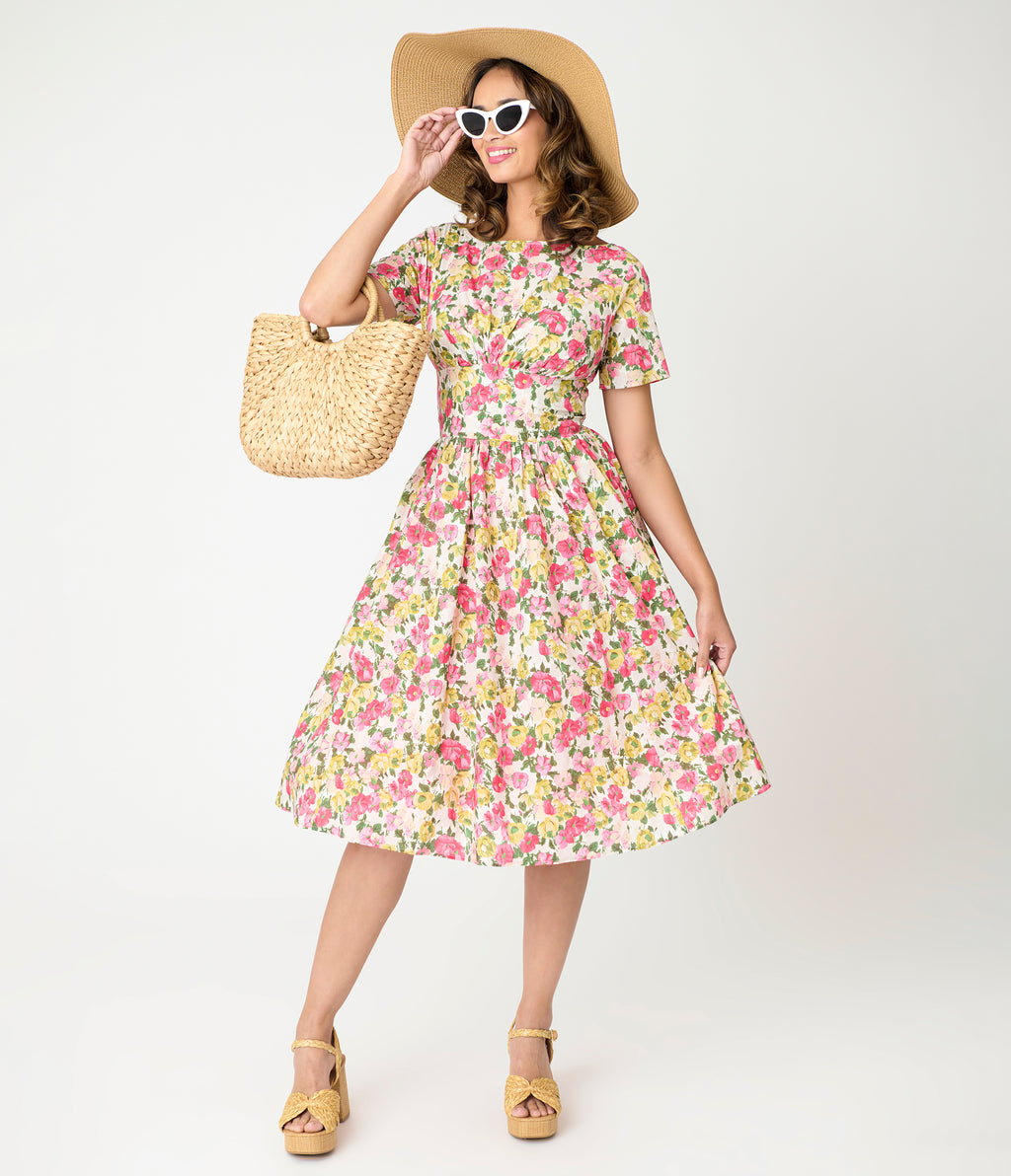 Unique Vintage Yellow & Pink Floral Cotton Swing Dress