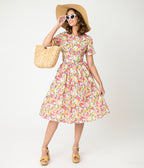 Unique Vintage Yellow & Pink Floral Cotton Swing Dress