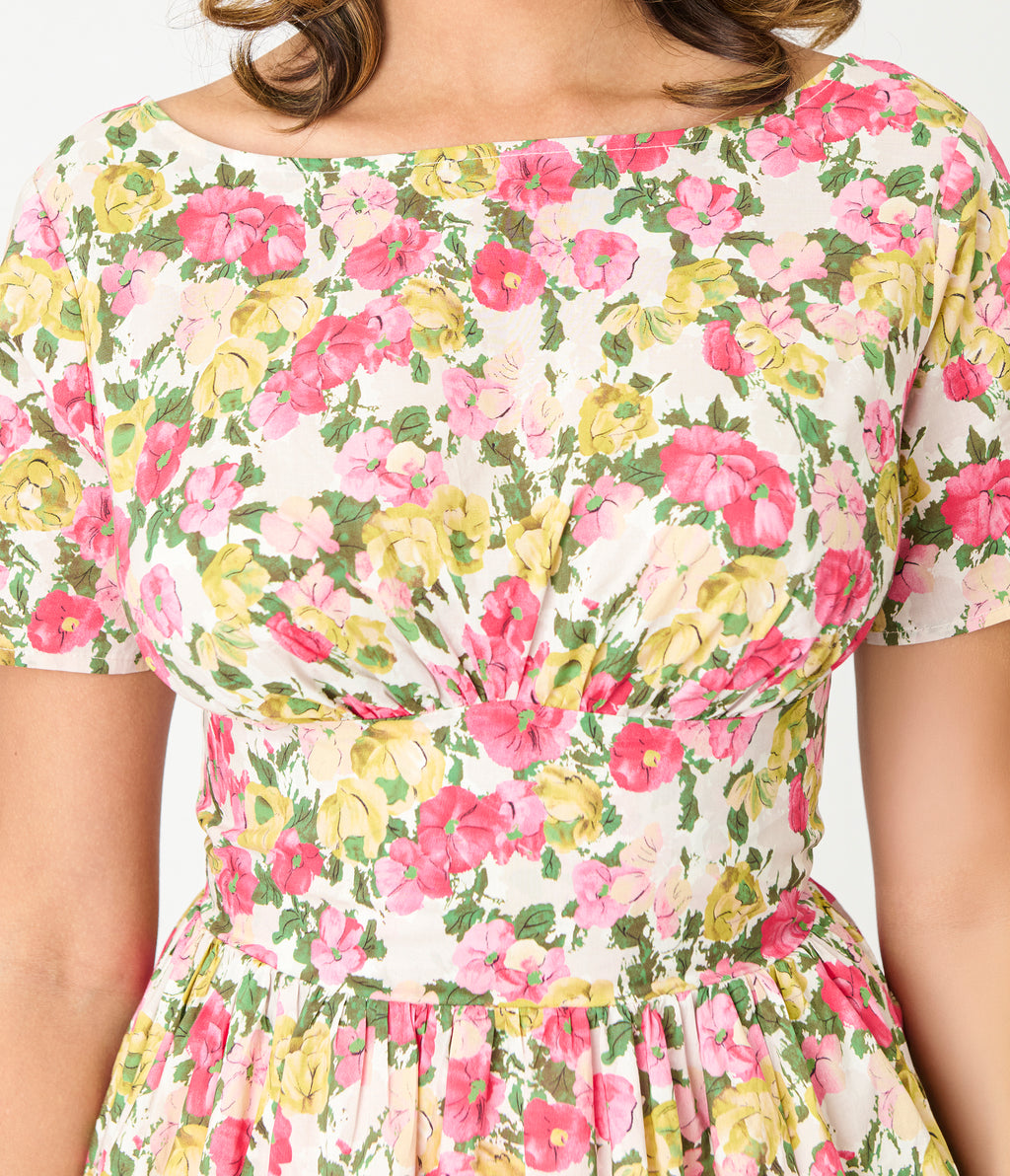 Unique Vintage Yellow & Pink Floral Cotton Swing Dress