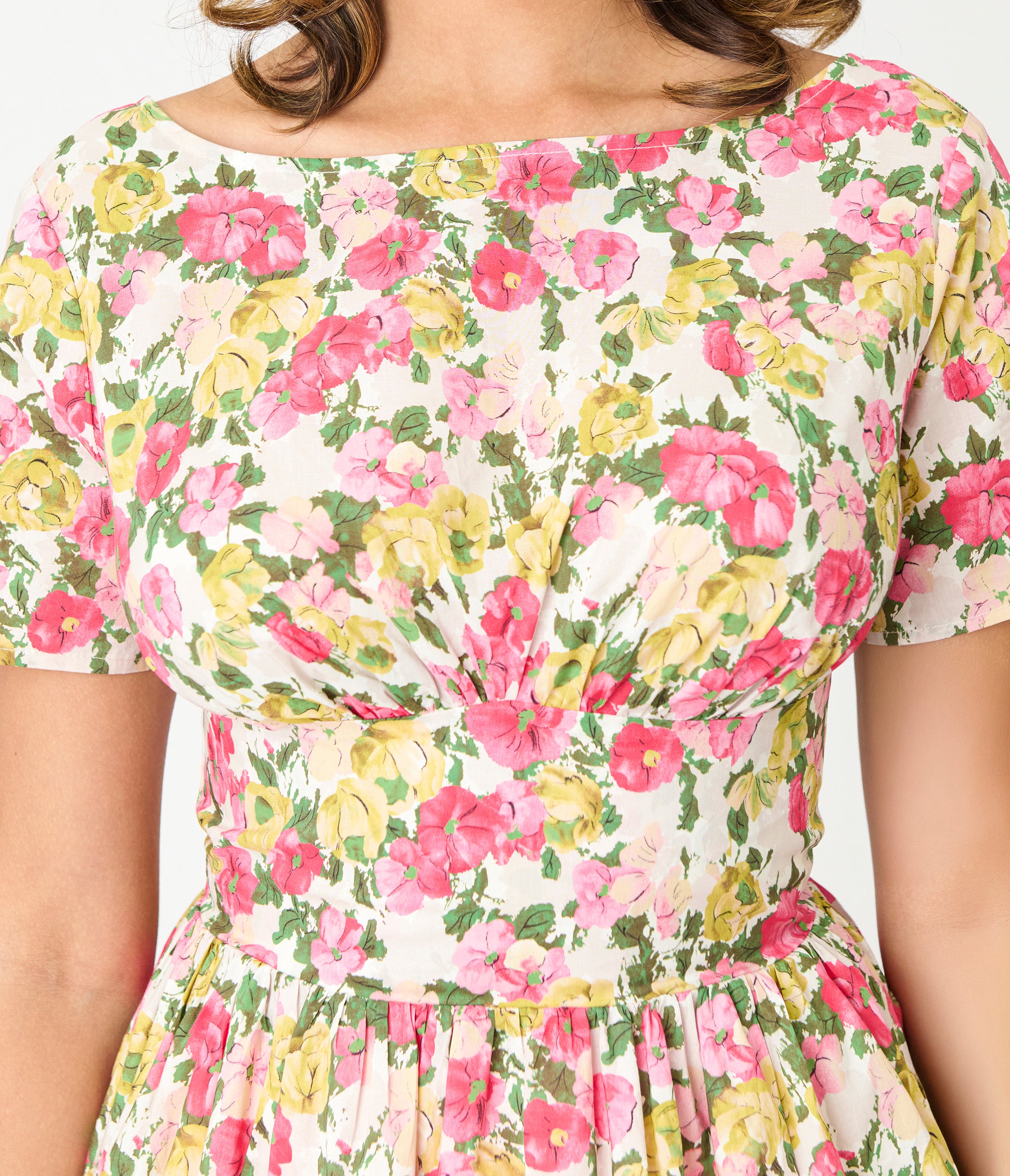 Unique Vintage Yellow & Pink Floral Cotton Swing Dress