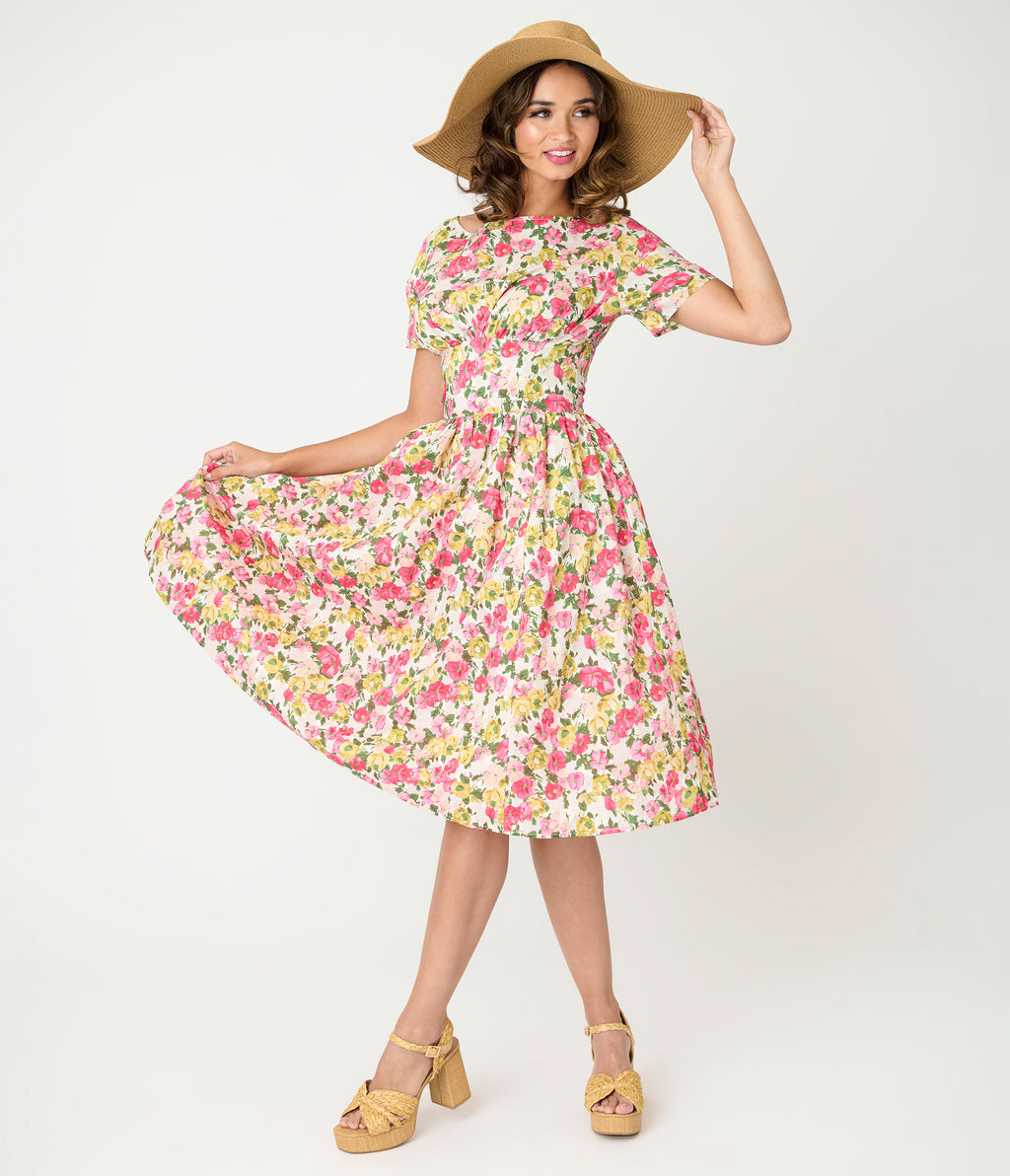 Unique Vintage Yellow & Pink Floral Cotton Swing Dress