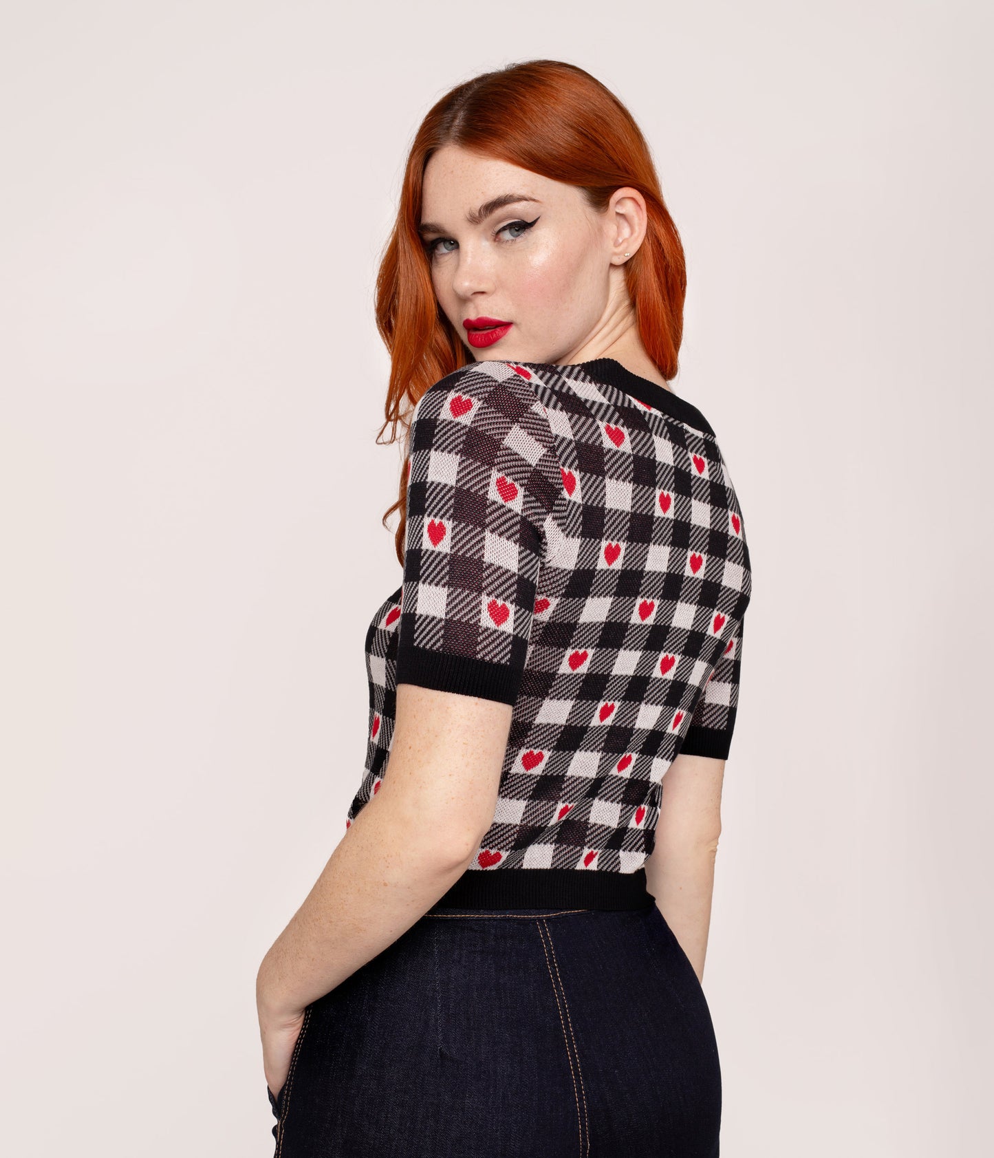 Hell Bunny Black & White Gingham Red Heart Cropped Cardigan