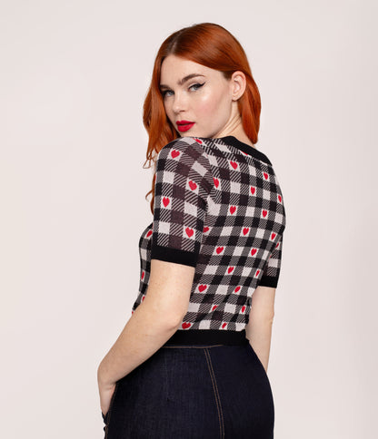 Hell Bunny Black & White Gingham Red Heart Cropped Cardigan