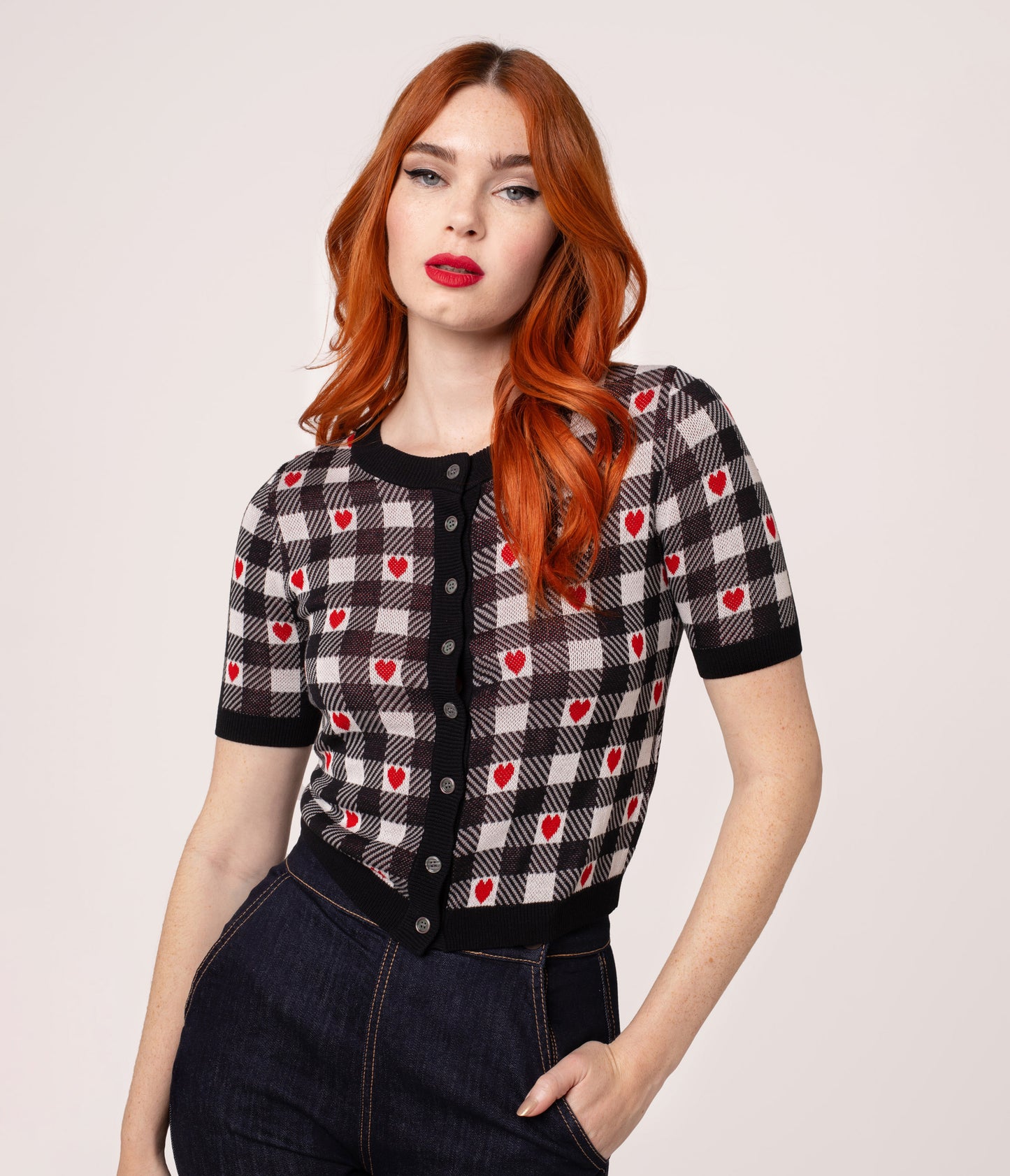 Hell Bunny Black & White Gingham Red Heart Cropped Cardigan