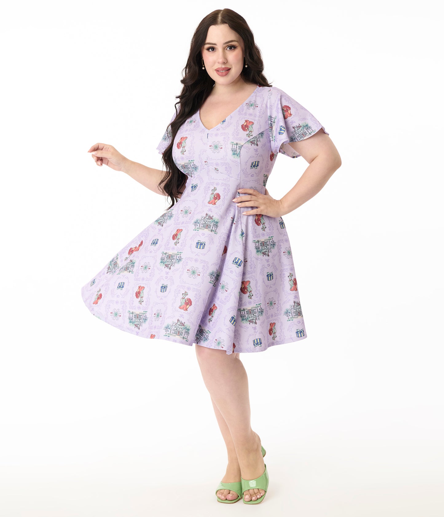 Disney's The Lady & The Tramp Collection by Unique Vintage Plus Size Lavender Lady & Tramp Print Flare Dress