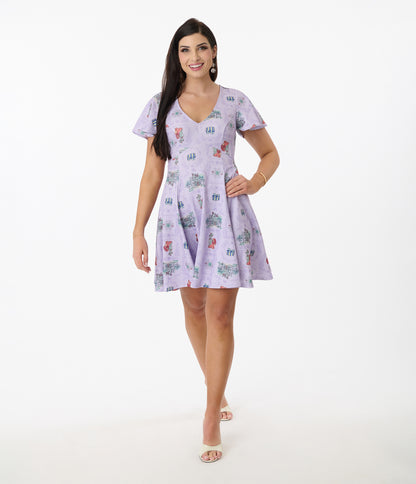 Disney's The Lady & The Tramp Collection by Unique Vintage Lavender Lady & Tramp Print Flare Dress