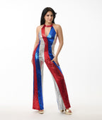 Smak Parlour Red, Silver, & Blue Sequin Glamour Goddess Jumpsuit