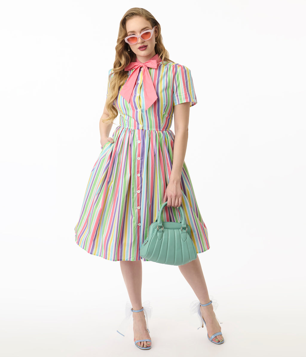 Unique Vintage Rainbow Pastel Stripe Dapper Dan Bow Swing Dress