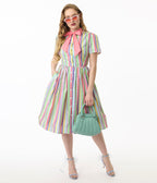 Unique Vintage Rainbow Pastel Stripe Dapper Dan Bow Swing Dress