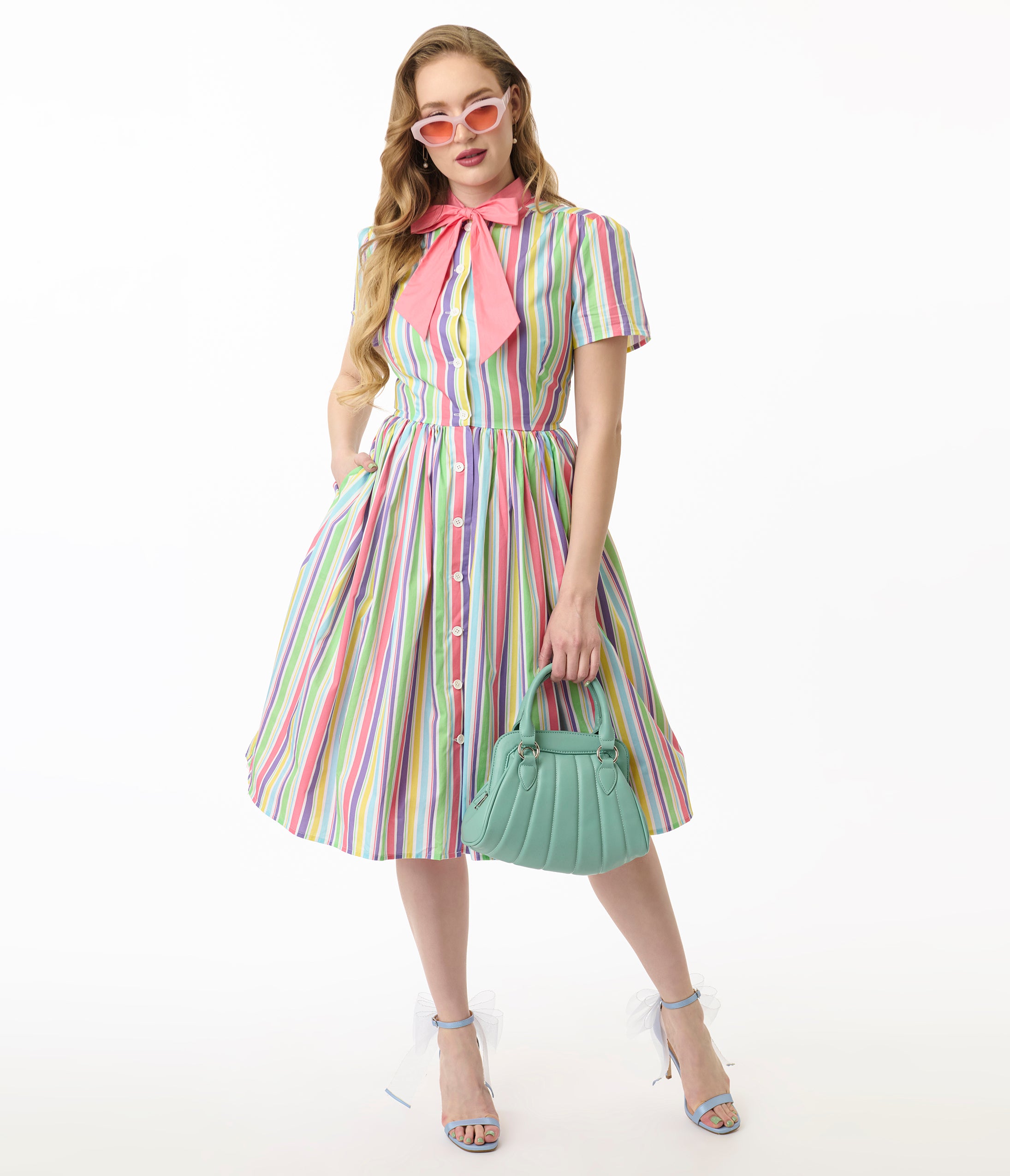 Unique Vintage Rainbow Pastel Stripe Dapper Dan Bow Swing Dress