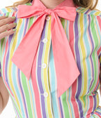 Unique Vintage Rainbow Pastel Stripe Dapper Dan Bow Swing Dress