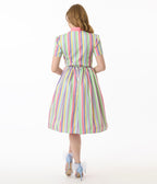 Unique Vintage Rainbow Pastel Stripe Dapper Dan Bow Swing Dress