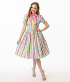 Unique Vintage Rainbow Pastel Stripe Dapper Dan Bow Swing Dress