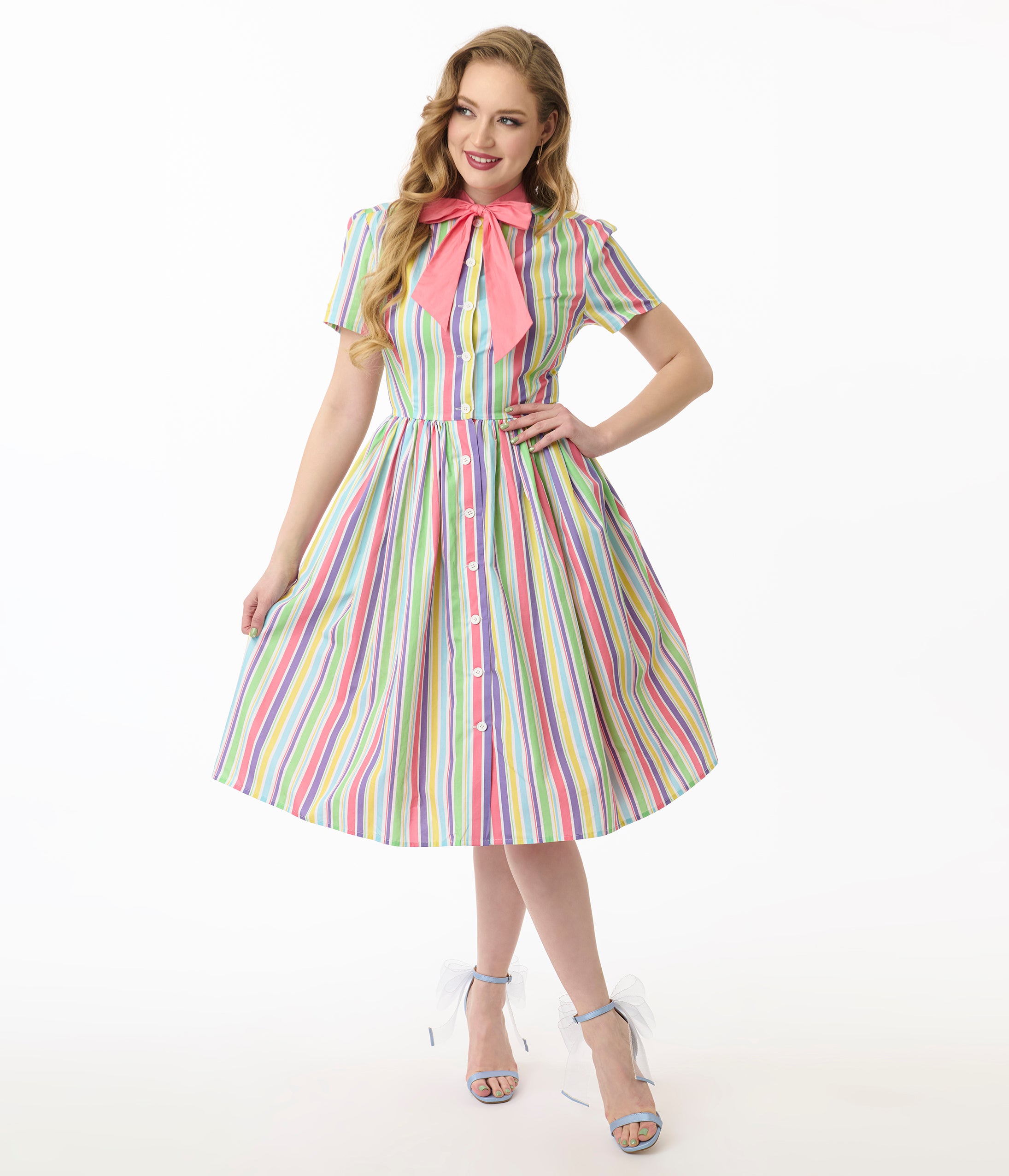 Unique Vintage Rainbow Pastel Stripe Dapper Dan Bow Swing Dress
