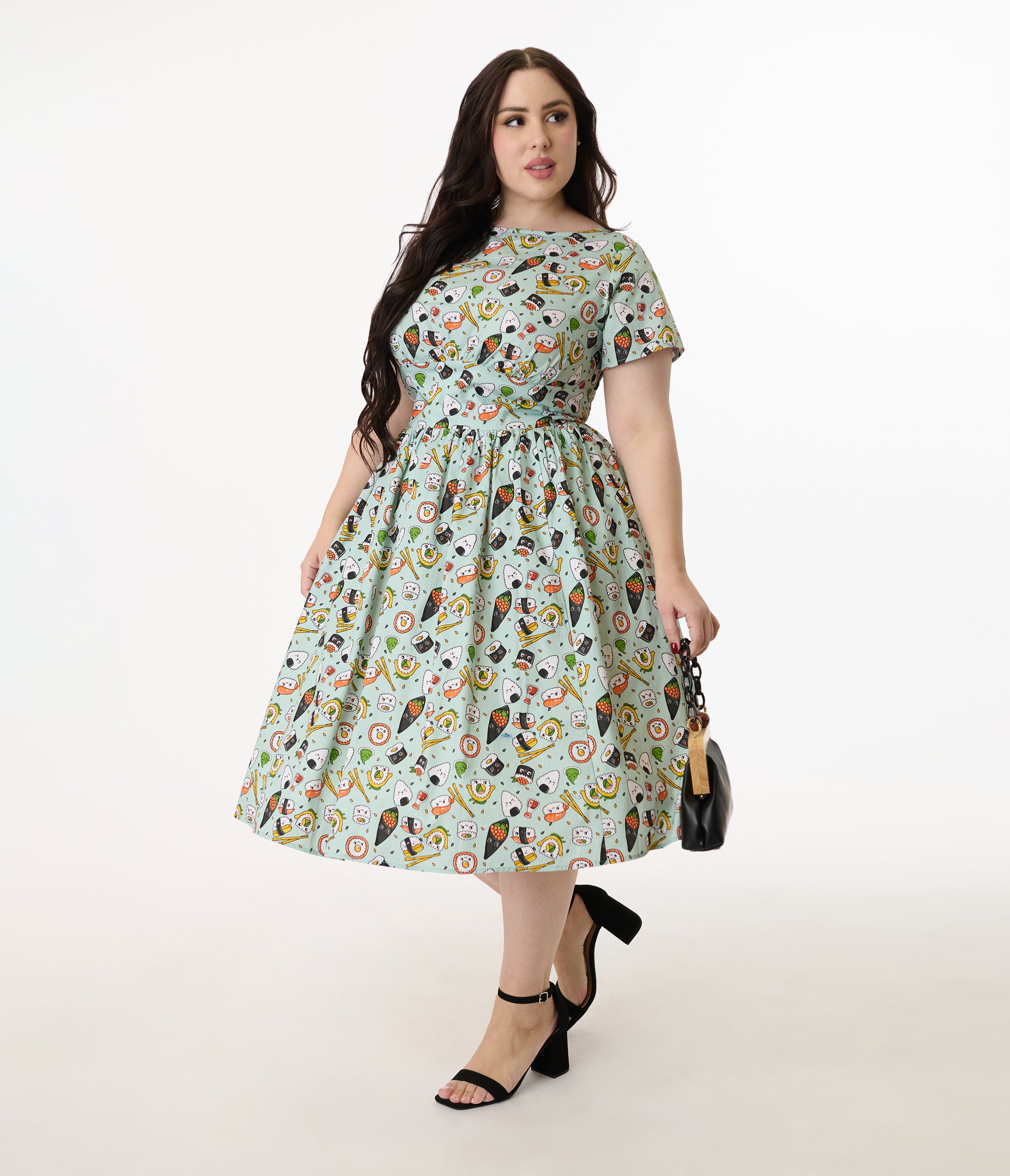 Unique Vintage Plus Size Green Sushi Print Cotton Swing Dress