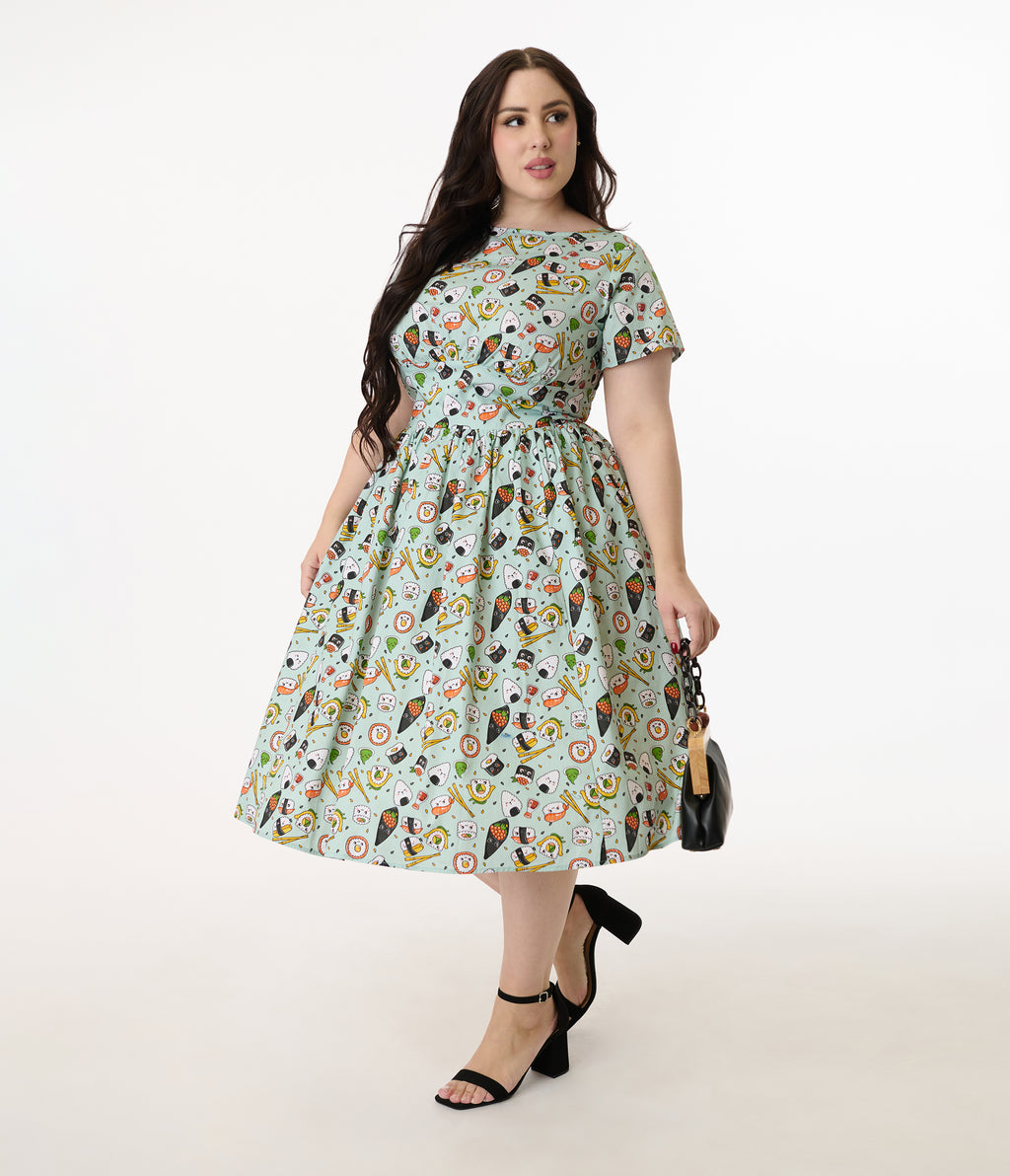 Unique Vintage Plus Size Green Sushi Print Cotton Swing Dress