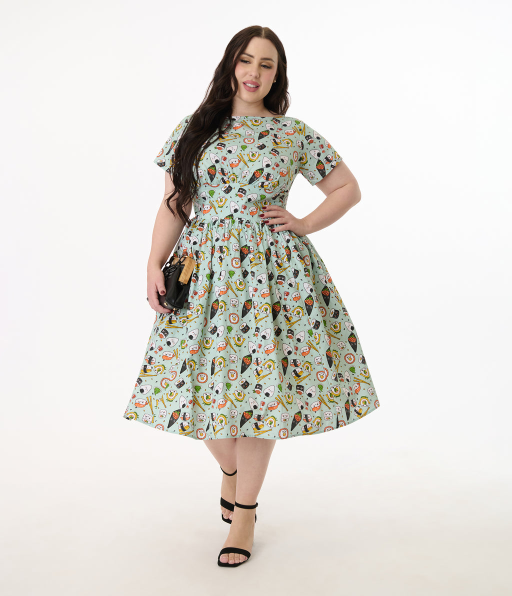 Unique Vintage Plus Size Green Sushi Print Cotton Swing Dress