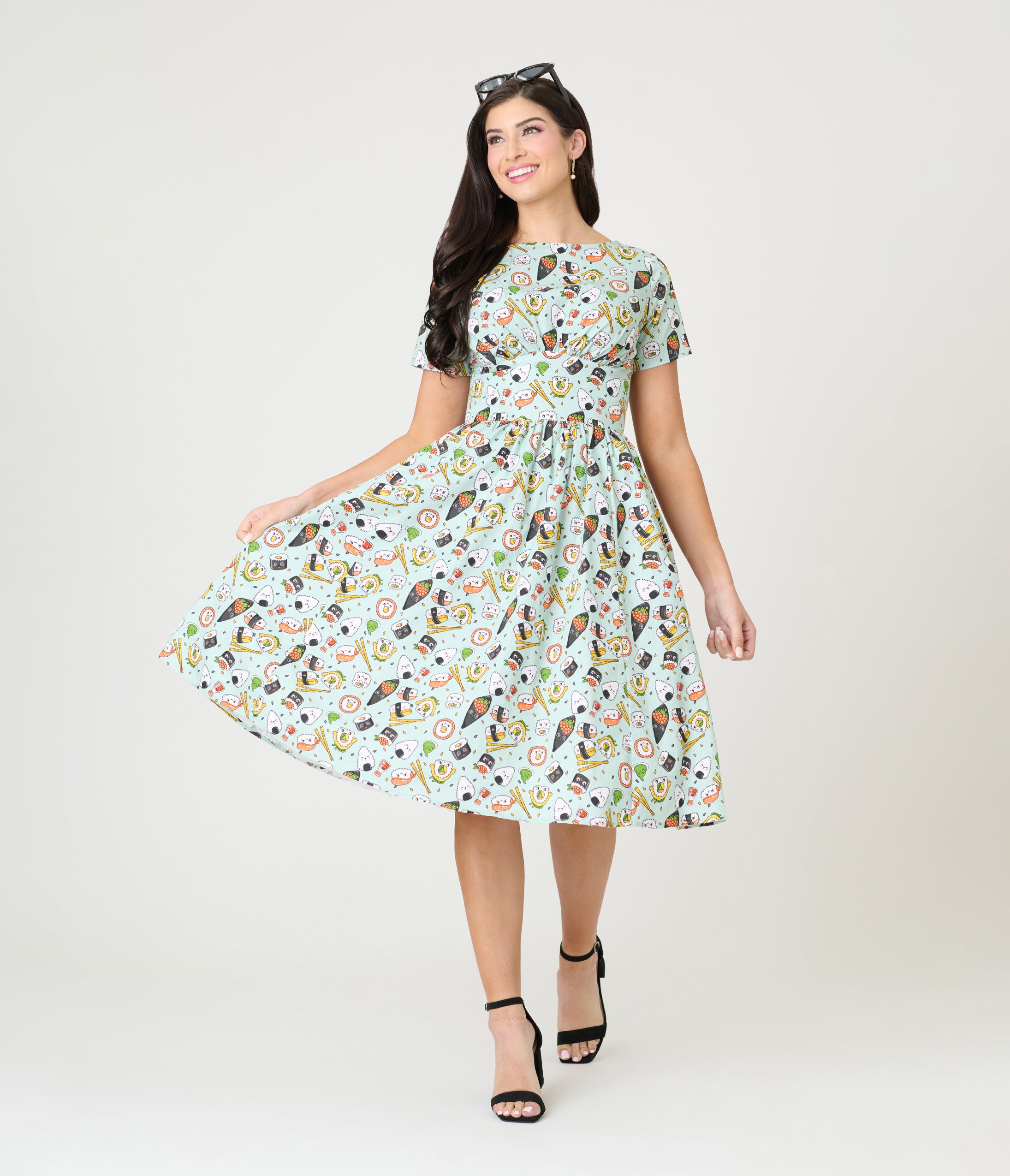 Unique Vintage Green Sushi Print Cotton Swing Dress