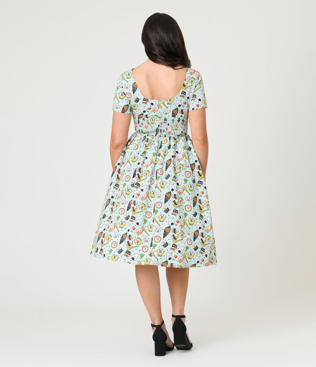 Unique Vintage Green Sushi Print Cotton Swing Dress