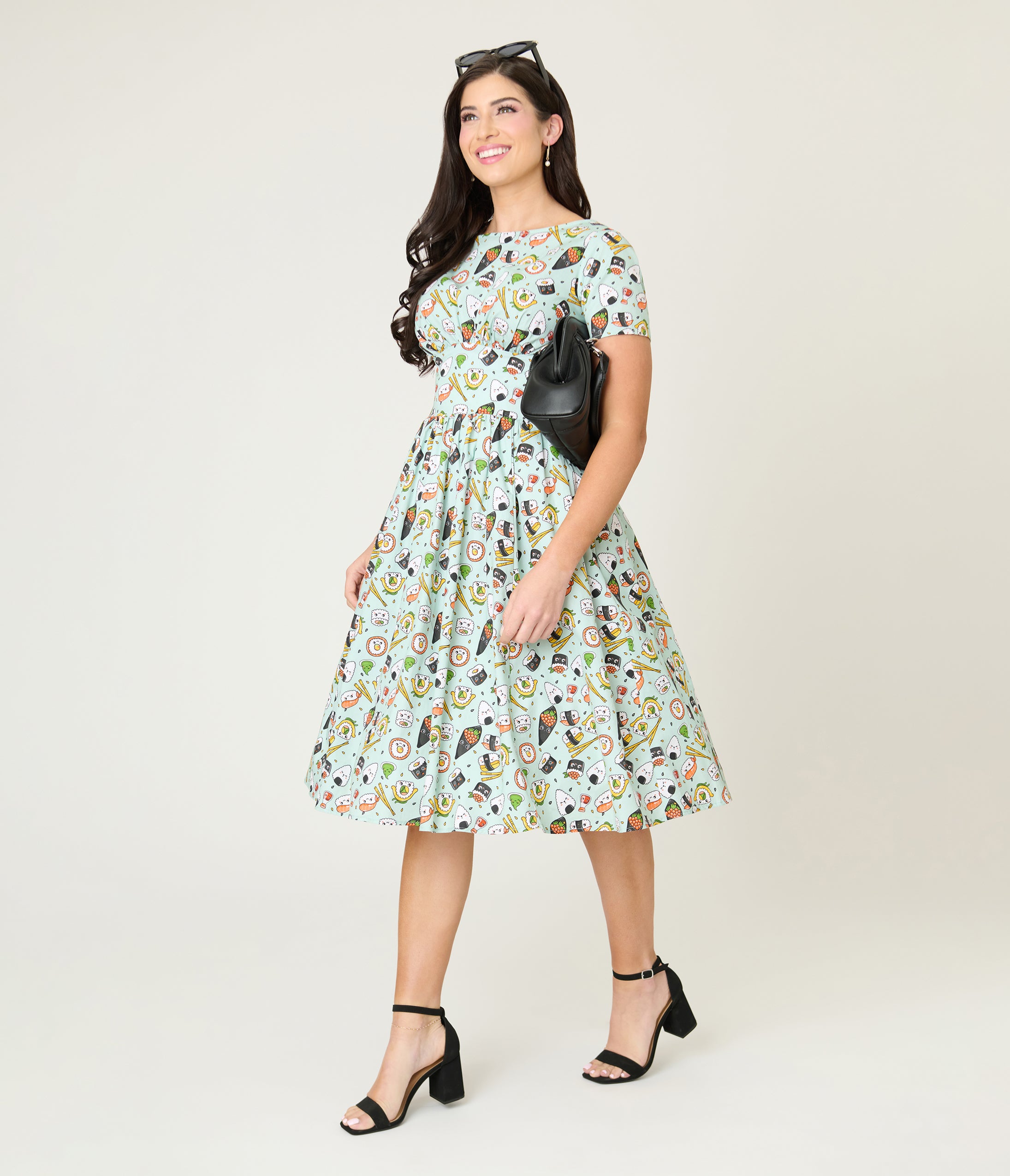 Unique Vintage Green Sushi Print Cotton Swing Dress