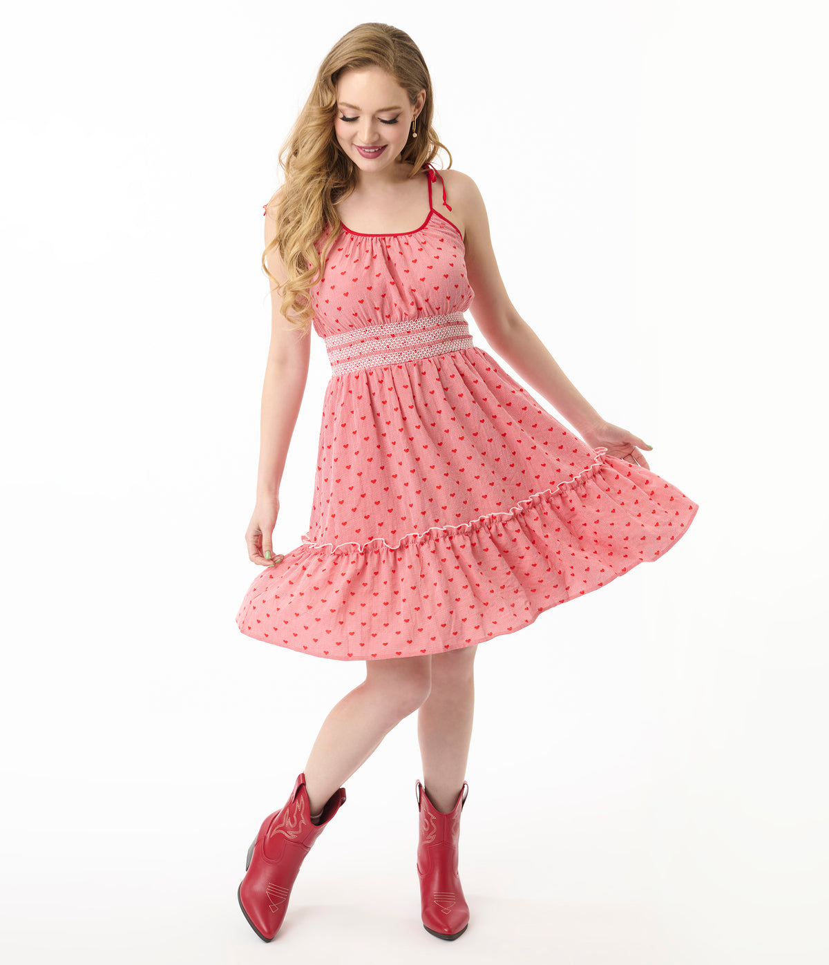 Gingham Hearts Tiered Cotton Flare Dress