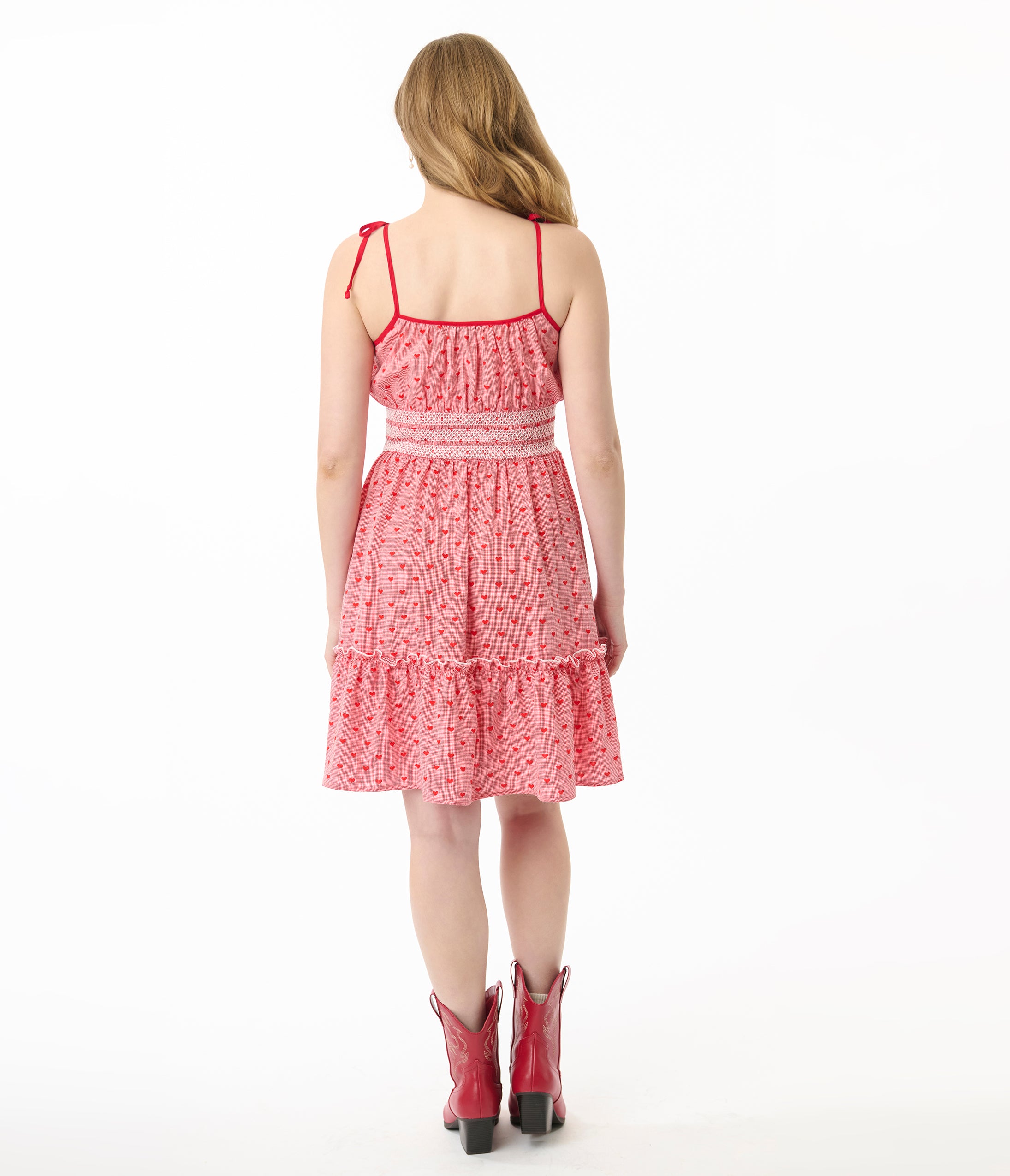 Smak Parlour Red Gingham Hearts Tiered Cotton Flare Dress