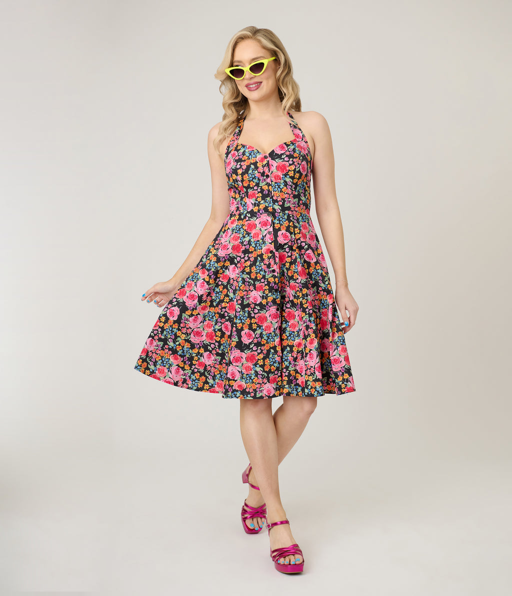 Smak Parlour Painted Roses Sweetheart Halter Cotton Flare Dress