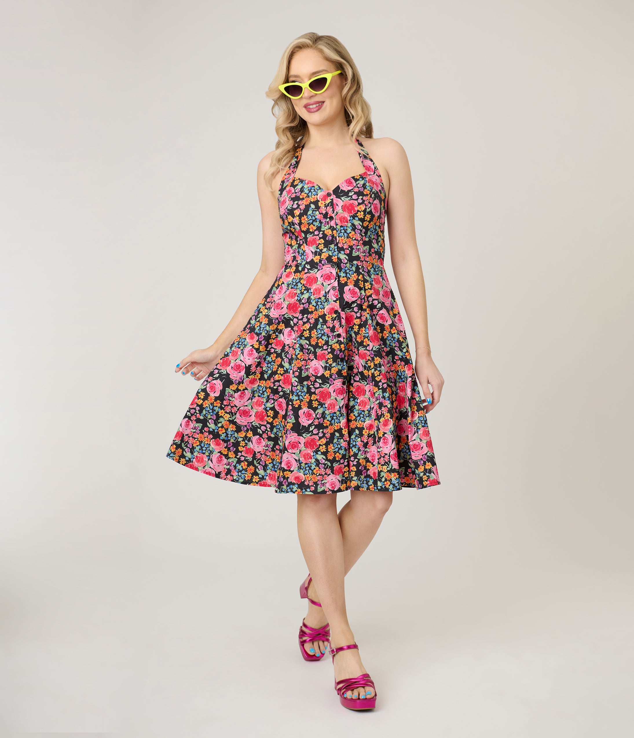 Smak Parlour Painted Roses Sweetheart Halter Cotton Flare Dress